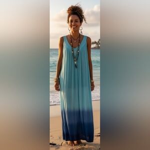 Boho Beach Festival Artisy Pockets Gypsy Resort Cruise Ombre Maxi Sundress OS